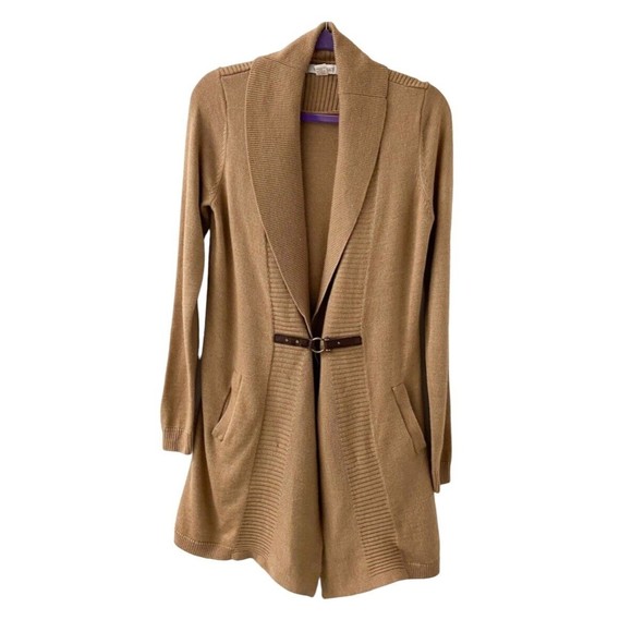 Ellen Tracy Cardigan Sweater M Long Length Tan Wool Blend Pockets Wide V Neck - Picture 4 of 16